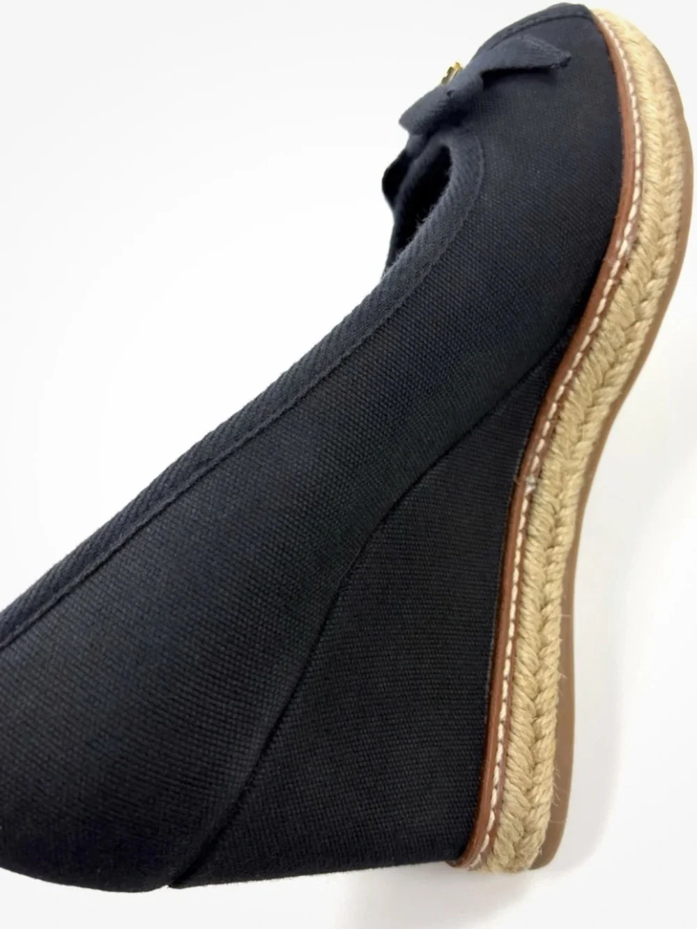Tory Burch Jackie Espadrille Wedge Pumps Black Canvas Peep Toe Bow Size 8